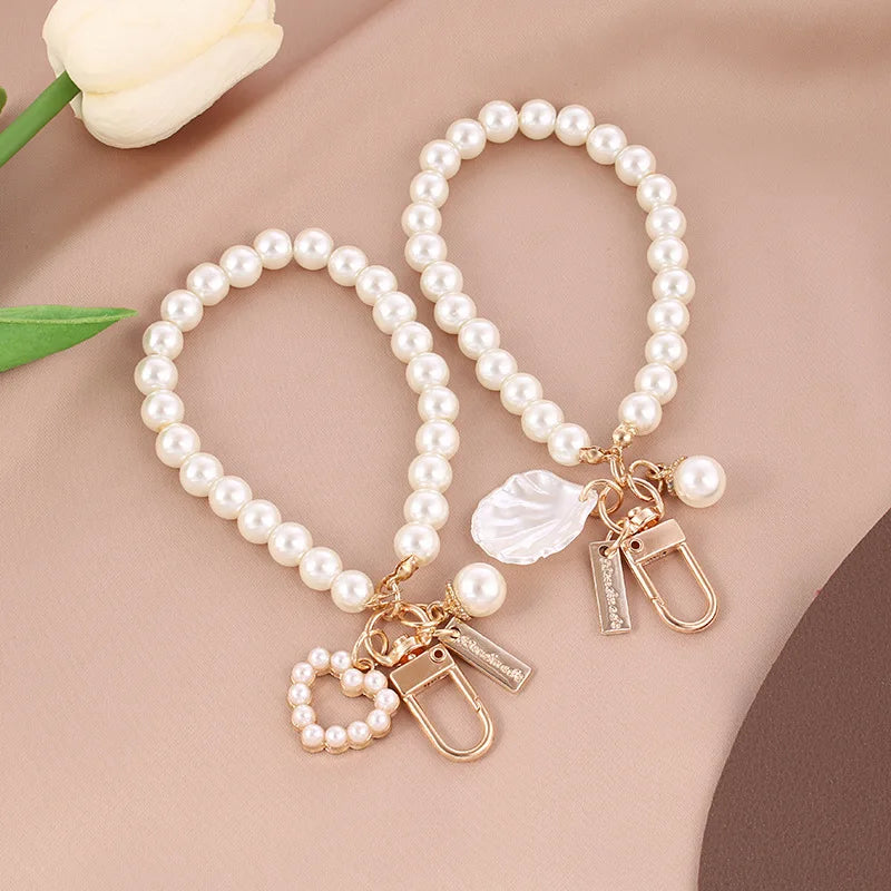Cute Pearl Keychain for Women Girls Shiny Pearl Bead Shell Phone Bag Backpack Charm Accessory Car Key Key Chain Pendant