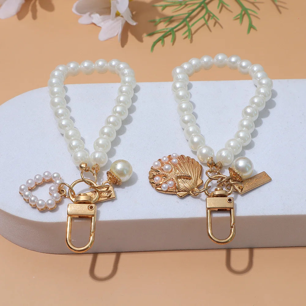 Cute Pearl Keychain for Women Girls Shiny Pearl Bead Shell Phone Bag Backpack Charm Accessory Car Key Key Chain Pendant